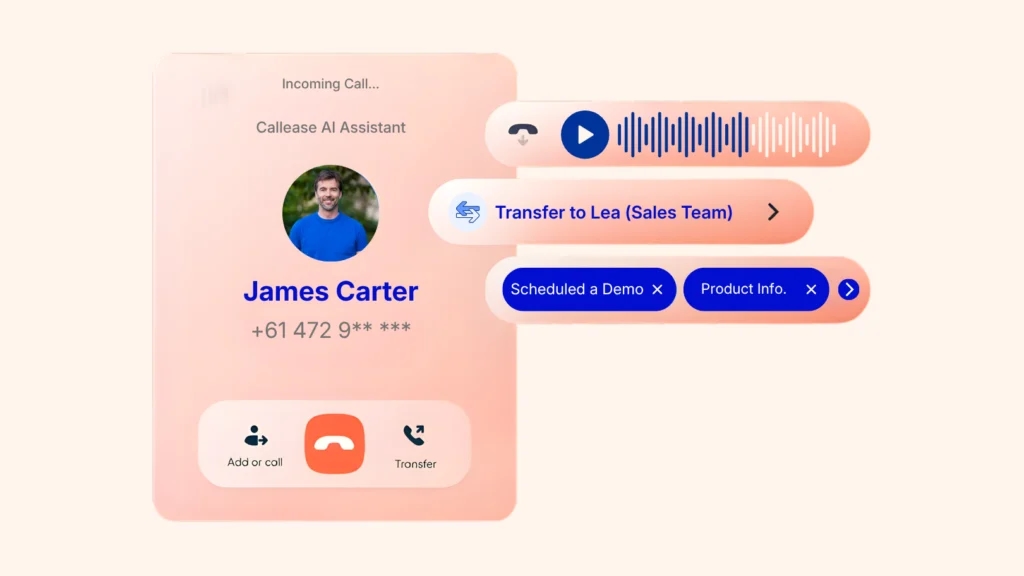 A Callease.ai voice agent handling an incoming call, transferring it to a named person with the conversation summarised alongside
