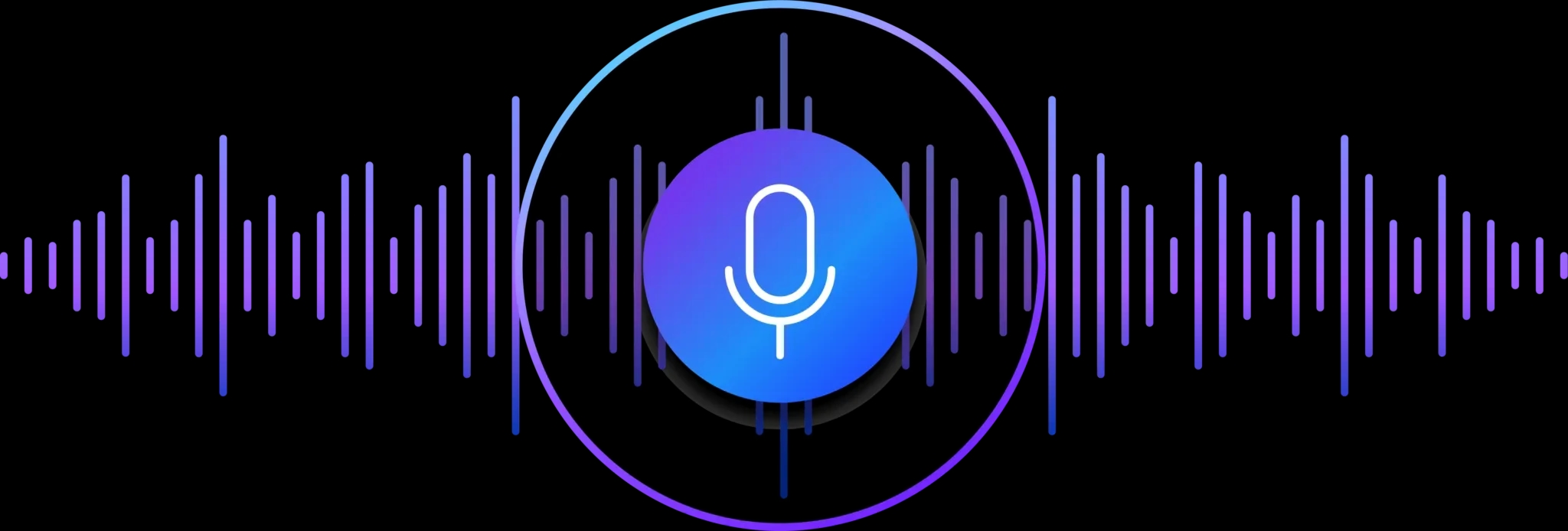 A microphone inside a glowing ring at the centre of an audio waveform