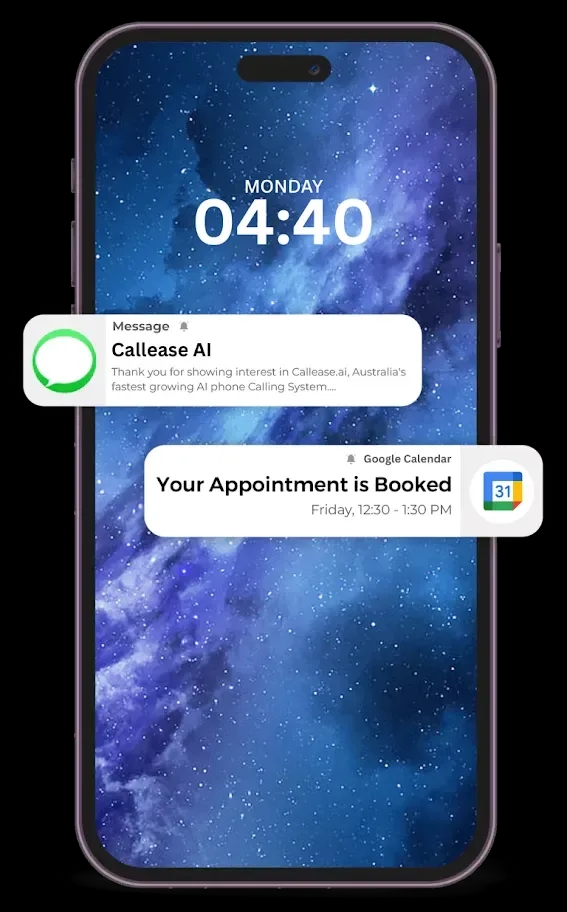 A phone showing a Callease AI message and a booked appointment